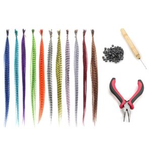 55pcs Multicolor Synthetic Hair Feathers For Hair Extensions DIY Micro Beads Hairpiece Kit Women Feathers Hair Extensions Tools