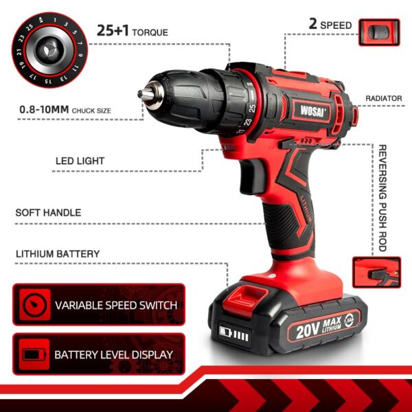 VVOSAI 12V 16V 20V Cordless Drill Screwdriver Electric Drill Power Tools Hand Drill 25+1 Torque Wireless Driver DIY Power Tools