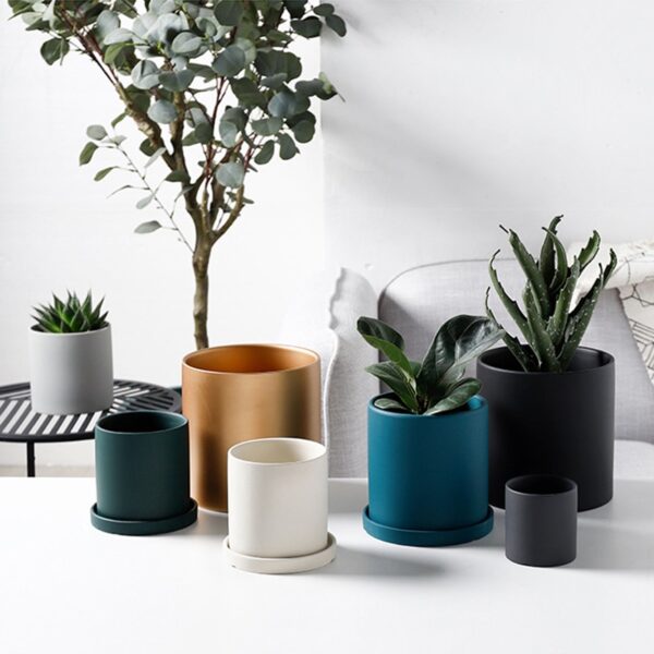 Nordic Industrial Style Colorful Ceramic Flowerpot Succulent Planter Green Plants Cylindrical Shape Flower Pot With Hole Tray