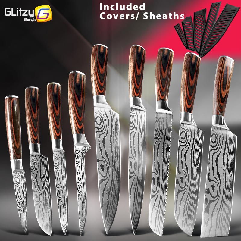 kitchen knives 1-10pcs 7CR17 High Carbon Stainless Steel Damascus Drawing  Gyuto Cleaver Set Slicer Santoku Knife Chef knife