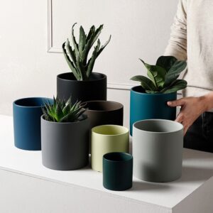 Nordic Industrial Style Colorful Ceramic Flowerpot Succulent Planter Green Plants Cylindrical Shape Flower Pot With Hole Tray