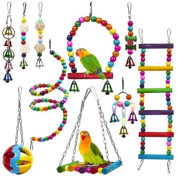 10 Pack Bird Cage Toys for Parrots Reliable & Chewable - Swing Hanging Chewing Bite Bridge Wooden Beads Ball Bell Toys (in stock