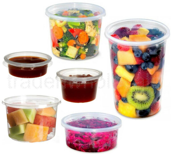 Round Food Containers Plastic Clear Storage Tubs with Lids Deli Pots 2oz to 32oz